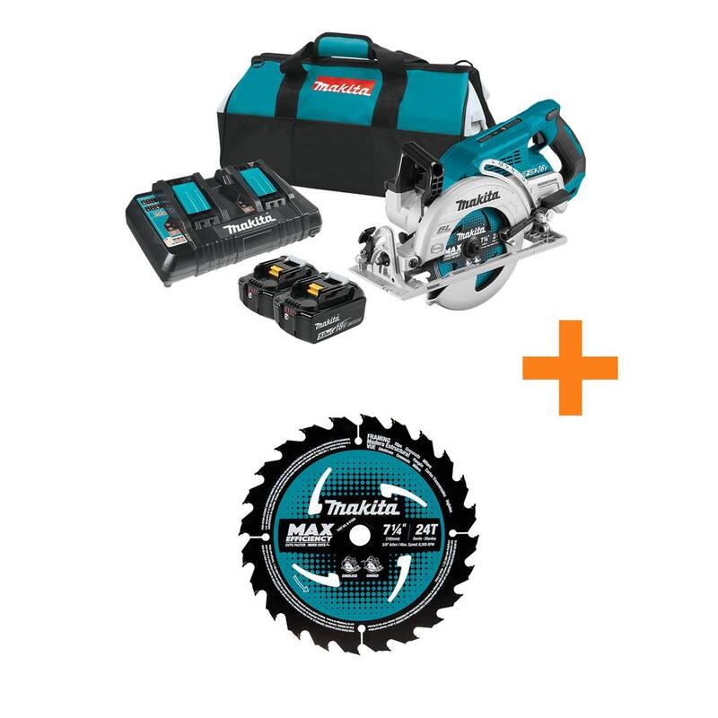 Makita 18V X2 LXT (36V) Sierra circular inalámbrica sin escobillas con mango trasero 7.25 pulgadas Kit de sierra con batería de 5.0Ah y hoja de sierra de 7.25 pulgadas - XSR01PT-B61656