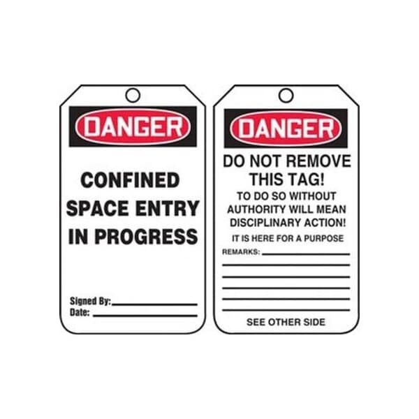 Accuform Safety Tags, DANGER CONFINED SPACE ENTRY IN PROGRESS, 5.75in x 3.25in, RP-Plastic, 5PK - TCS330PTM