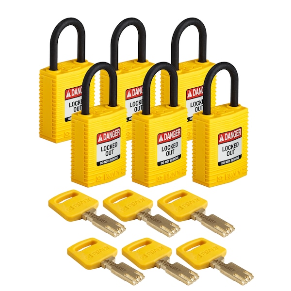 Brady Safekey Lockout Padlock Nylon Yellow 1.0" P - CPT-YLW-25PL-KA6PK
