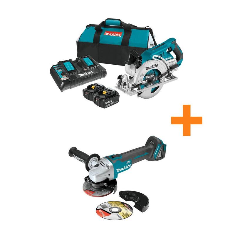 Kit de sierra circular Makita 18V X2 LXT 5.0Ah (36V) sin escobillas con mango trasero de 7-1/4 pulgadas con regalo de cortadora/amoladora angular sin escobillas 18V LXT - XSR01PT-XAG04Z