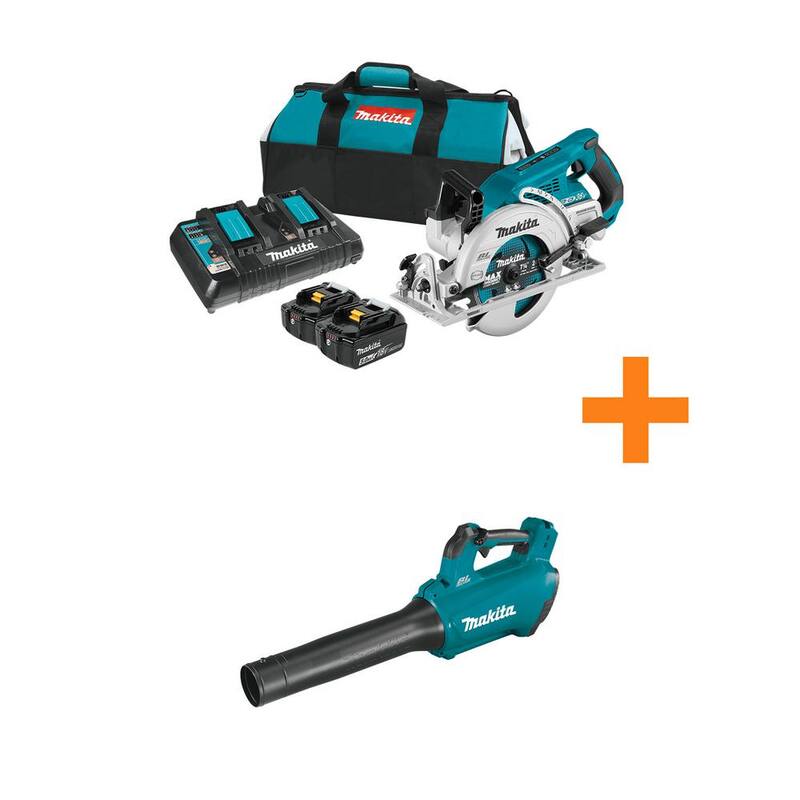 Kit de sierra circular inalámbrica Makita 18V X2 LXT 5.0Ah(36V) sin escobillas con mango trasero de 7-1/4 pulgadas con bono de soplador sin escobillas Makita 116 MPH 459 CFM 18V LXT - XSR01PT-XBU03Z.
