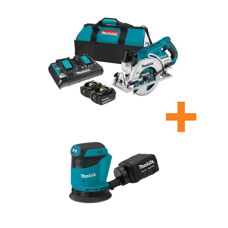 Kit de sierra circular sin escobillas Makita 18V X2 LXT 5.0Ah (36V) con mango trasero, 7-1/4 pulgadas, con bono de lijadora orbital aleatoria de 5 pulgadas 18V LXT - XSR01PT-XOB01Z.
