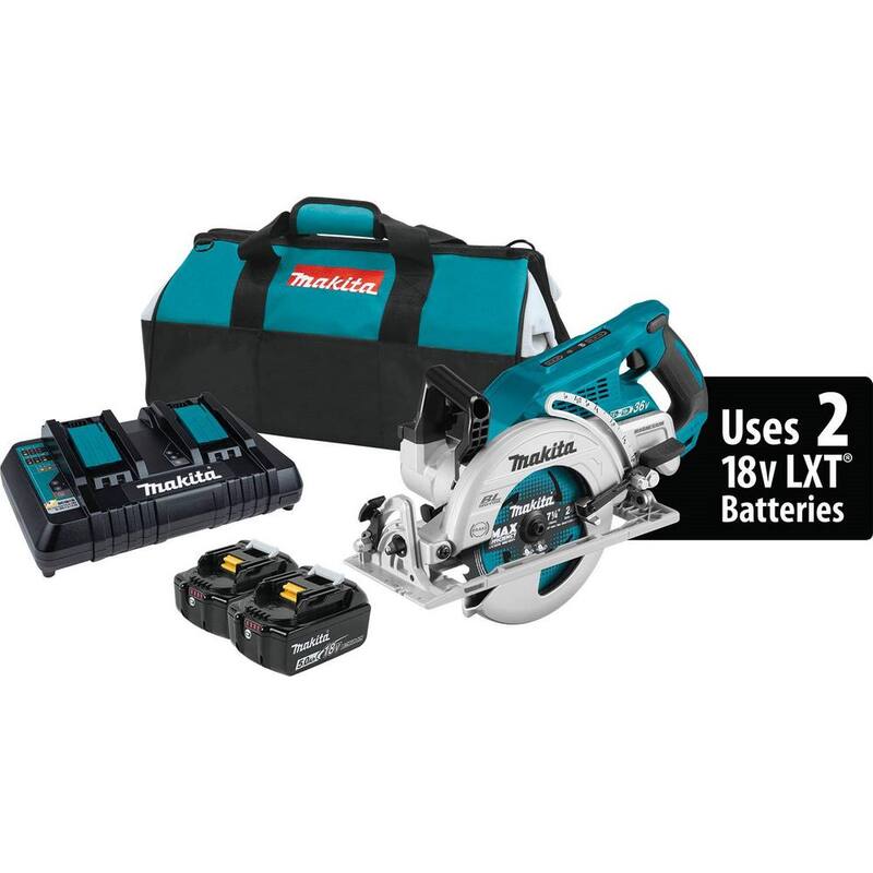 Kit de sierra circular sin escobillas Makita 18V X2 LXT 5.0Ah (36V) con mango trasero, 7-1/4 pulgadas, con bono de lijadora orbital aleatoria de 5 pulgadas 18V LXT - XSR01PT-XOB01Z.
