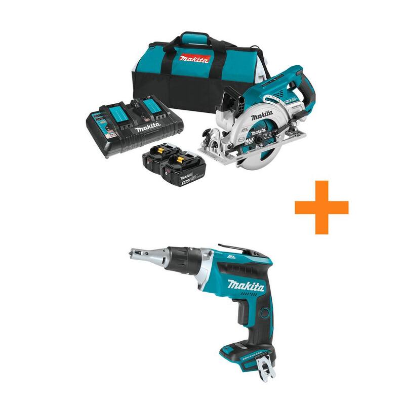 Kit de sierra circular inalámbrica de 7-1/4 pulgadas con mango trasero sin escobillas Makita 18V X2 LXT 5.0Ah (36V) con destornillador para tablaroca sin escobillas adicional 18V LXT - XSR01PT-XSF03Z