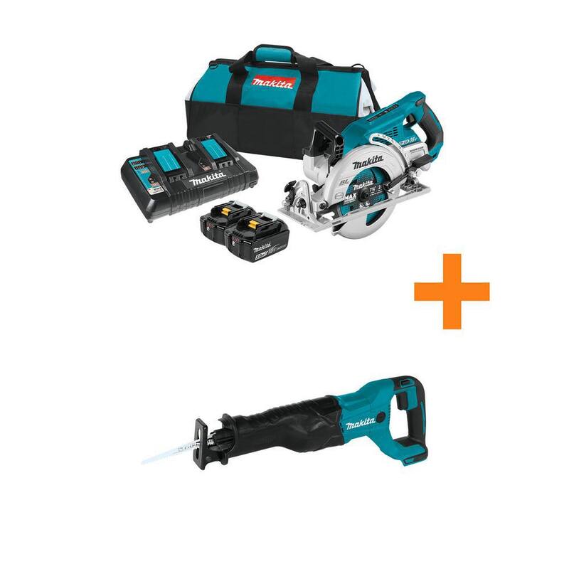 Kit de sierra circular Makita 18V X2 LXT 5.0Ah (36V) sin escobillas con mango trasero de 7-1/4 pulgadas con sierra reciproca de bonificación 18V LXT - XSR01PT-XRJ04Z.