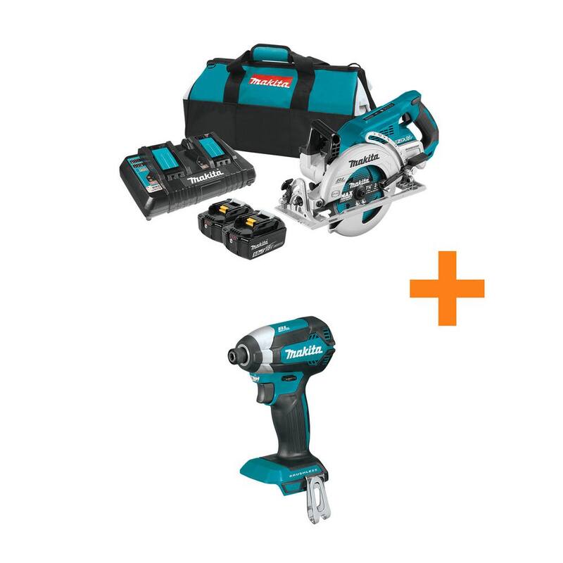 Makita 18V X2 LXT 5.0Ah (36V) Sierra Circular inalámbrica con mango trasero sin escobillas de 7-1/4 pulgadas con Kit de Destornillador de Impacto 1/4 de pulgada inalámbrico de bonificación - XSR01PT-XDT13Z