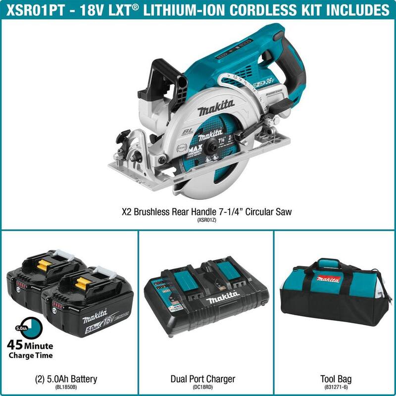 Makita 18V X2 LXT 5.0Ah (36V) Sierra Circular inalámbrica con mango trasero sin escobillas de 7-1/4 pulgadas con Kit de Destornillador de Impacto 1/4 de pulgada inalámbrico de bonificación - XSR01PT-XDT13Z