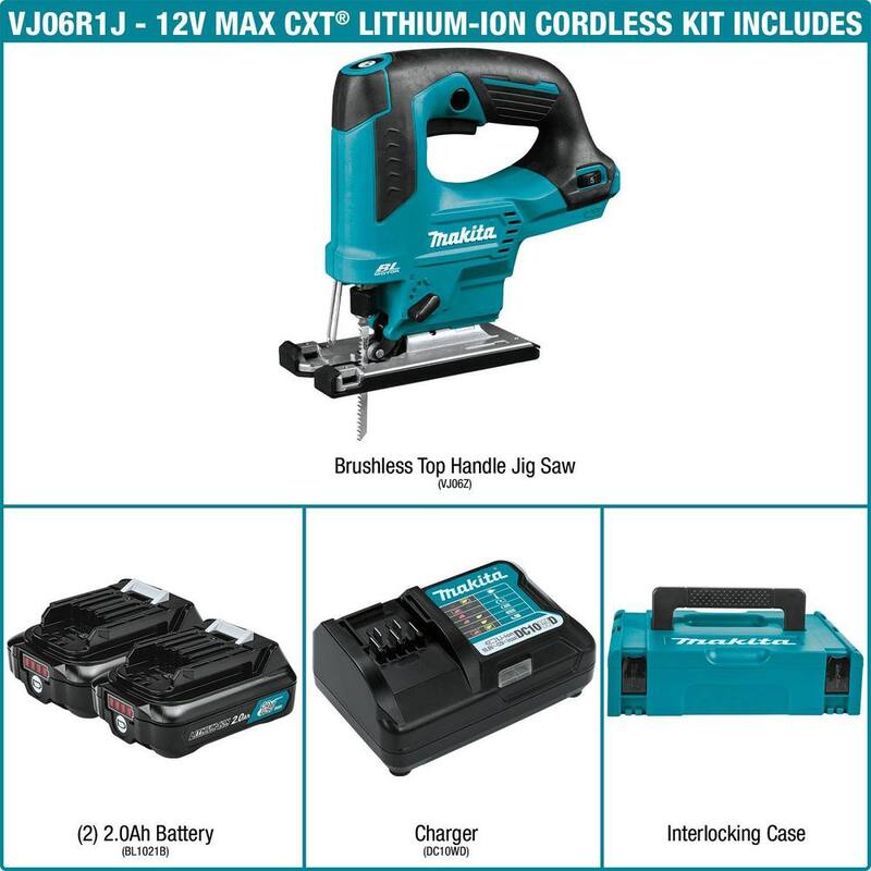 Kit de sierra de calar inalámbrica Makita 12V máx CXT de iones de litio sin escobillas con asa superior (2.0Ah) - VJ06R1J