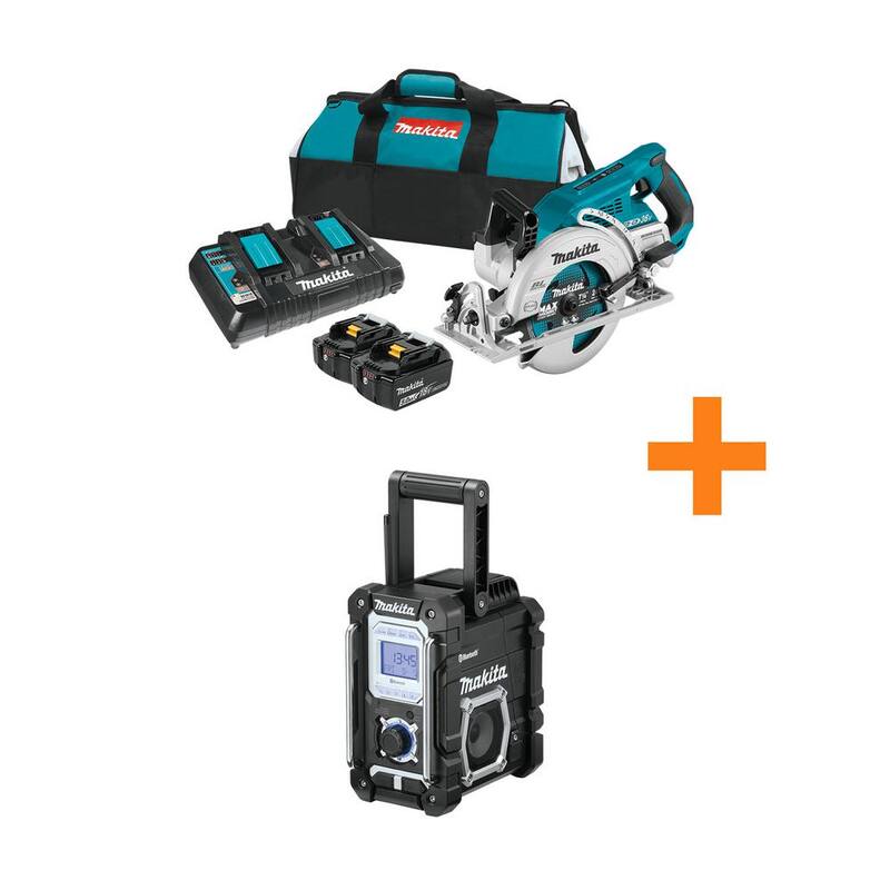 Kit de sierra circular Makita 18V X2 LXT 5.0Ah (36V) sin escobillas de 7-1/4 pulgadas con mango trasero, con bono de radio de trabajo Bluetooth Job Site 18V LXT - XSR01PT-XRM06B