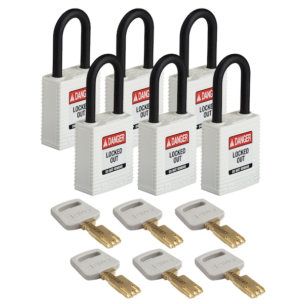Brady Safekey Lockout Padlock Nylon Wht 1.5" Plas - NYL-WHT-38PL-KD6PK