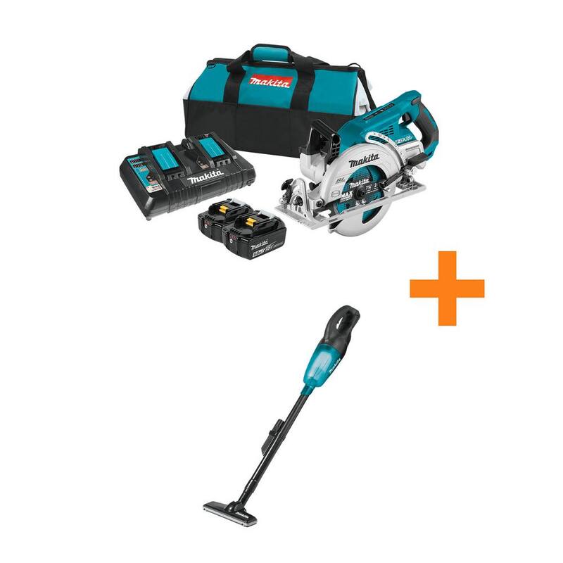 Makita 18V X2 LXT 5.0Ah (36V) Sierra circular sin escobillas con mango trasero de 7-1/4 pulg. Kit con bono de aspiradora inalámbrica de mano 18V LXT - XSR01PT-XLC02ZB