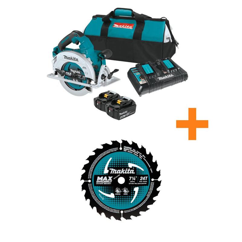 Kit de sierra circular inalámbrica sin escobillas Makita 18V X2 LXT (36V) de 7.25 pulgadas con batería de 5.0Ah y hoja de sierra para estructuras de 7.25 pulgadas - XSH06PT-B61656