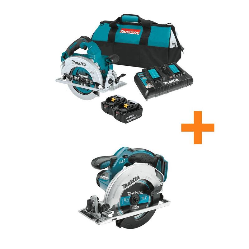 Sierra circular inalámbrica sin escobillas de 7-1/4 pulgadas Makita 18V X2 LXT (36V) Kit con batería de 5.0Ah y sierra circular ligera de 6-1/2 pulgadas Makita 18V LXT - XSH06PT-XSS02Z