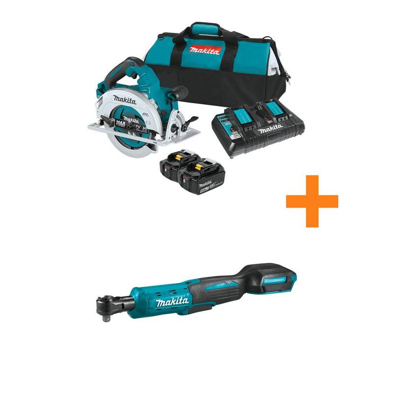Kit de sierra circular sin escobillas Makita 18V X2 LXT (36V) de 7-1/4 pulgadas con batería de 5.0Ah y trinquete de accionamiento cuadrado 3/8 pulg./1/4 pulg. 18V LXT - XSH06PT-XRW01Z