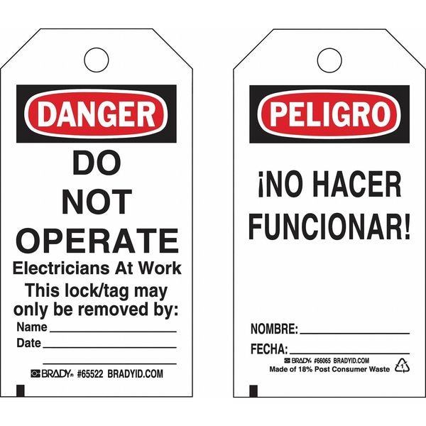 Brady Lockout Tag, Danger/Peligro, Paper, 3 in Width, 5 3/4 in Height, Write On Surface: Yes - 133550