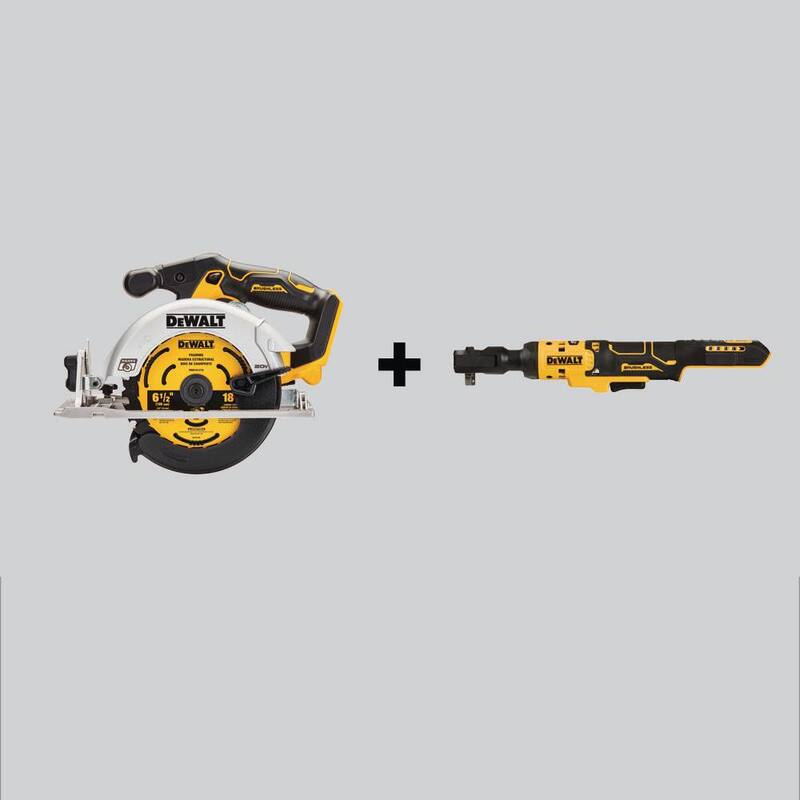 Sierra circular inalámbrica DEWALT 20V MAX sin escobillas de 6-1/2 pulgadas y llave de trinquete inalámbrica ATOMIC 20V MAX de 3/8 pulgadas (solo herramientas) - DCS565BWDCF513B.