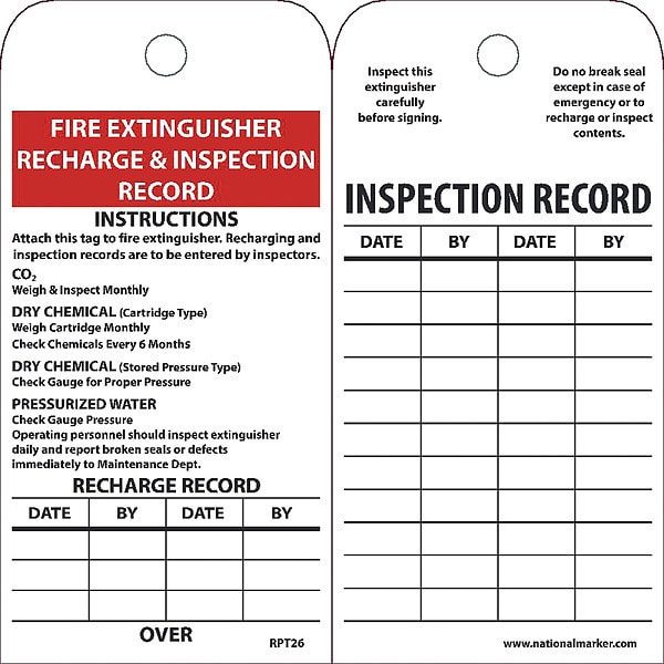 Nmc Fire Extinguisher Recharge & Inspection Record Tag, Pk25 - RPT26