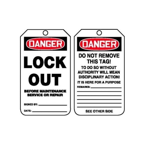 Accuform Safety Tags, DANGER LOCK OUT BEFORE SERVICE OR REPAIR, 5.75in x 3.25in, RP-Plastic, 25PK - MDT176PTP