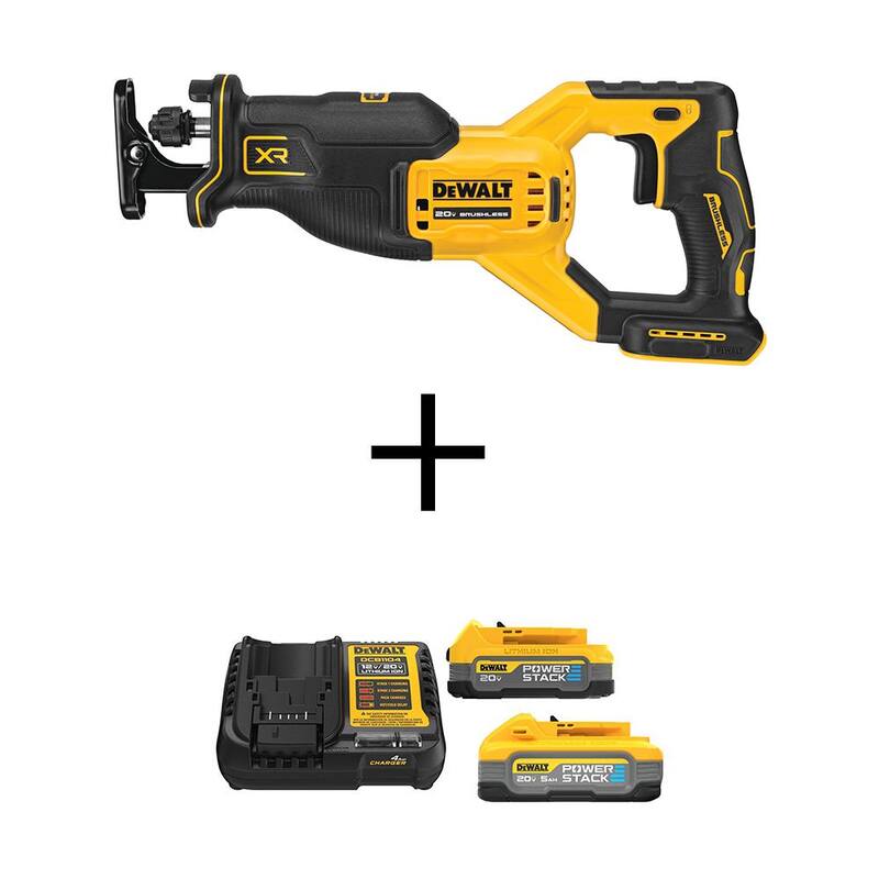 DEWALT Sierra Recíproca Inalámbrica sin Escobillas de Iones de Litio de 20 voltios Max XR con Paquete de Energía de 5.0 Ah y 1.7 Ah y Cargador - DCS382BWP315-2C