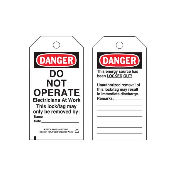 Brady Brady Lockout Tag- Danger Do Not Operate Electricians At Work, Vinyl, 25/Pack - 65504