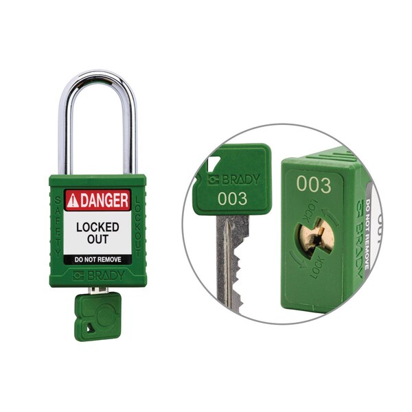 Brady Keyed Alike Padlock Unique Set Nylon Grn 1.5 in Steel Shackle Keycode 3 - SDPL-GRN-38ST-003