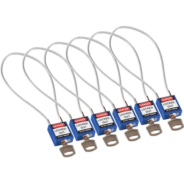 Brady Compact Nylon Padlock 8 in Steel Shackle KA Blue with 15.75 in Cable 6PK - 146134
