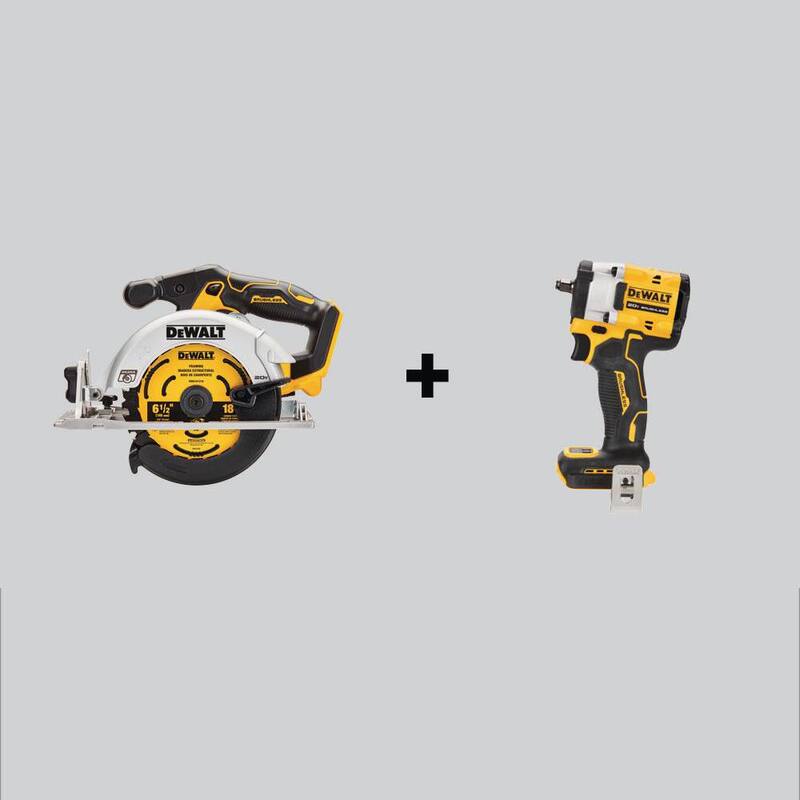 Siendo que es importante no traducir la marca del producto, el título traducido sería: Sierra circular inalámbrica sin escobillas DEWALT 20V MAX 6-1/2 in. y llave de impacto inalámbrica sin escobillas ATOMIC 20V MAX 3/8 in. (Herramientas únicamente) - DCS565BWDCF923B