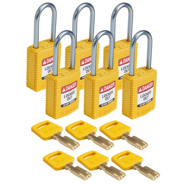 Brady Compact SafeKey Key Retaining Nylon Padlock 1.5in Aluminum Shackle KD Yellow 6PK - CPT-YLW-38AL-KD6PK