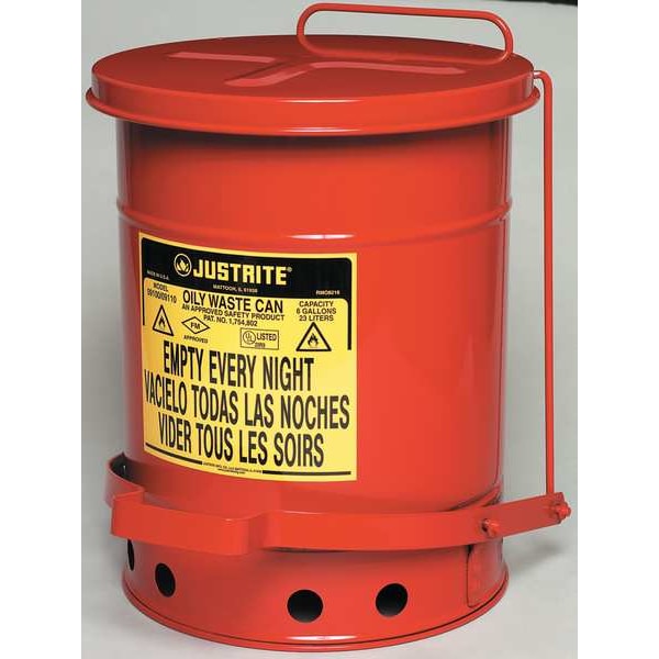 Justrite Oily Waste Can, 6 Gallon Capacity, Galvanized Steel, Red, Foot Operated Self Closing - 09100