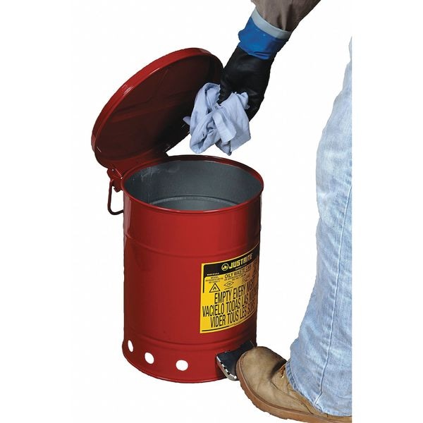 Justrite Oily Waste Can, 6 Gallon Capacity, Galvanized Steel, Red, Foot Operated Self Closing - 09100