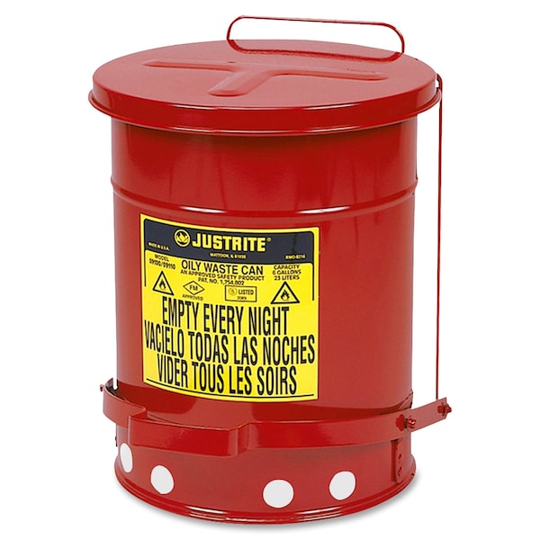 Justrite Oily Waste Can, 6 Gallon Capacity, Galvanized Steel, Red, Foot Operated Self Closing - 09100