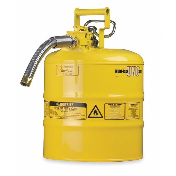 Justrite Type II Safety Can, 5 Gal Capacity, For Use With Diesel, Galvanized Steel, Yellow, Includes Hose - 7250230