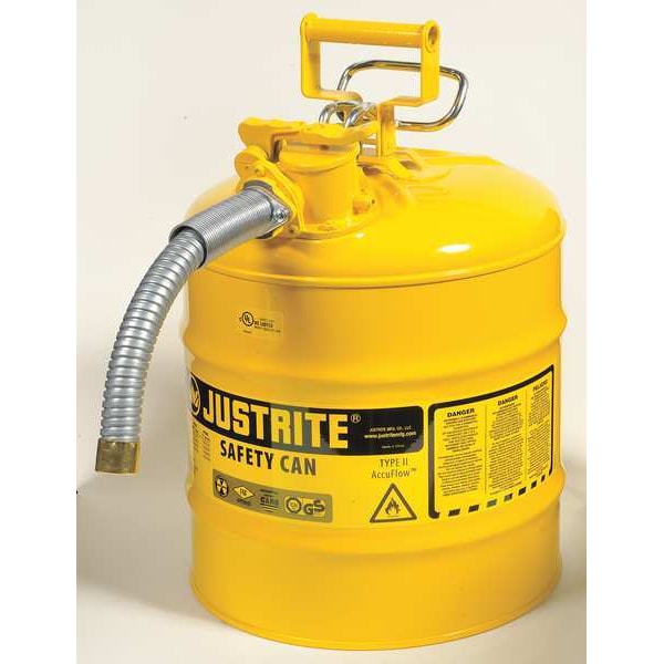 Justrite Type II Safety Can, 5 Gal Capacity, For Use With Diesel, Galvanized Steel, Yellow, Includes Hose - 7250230