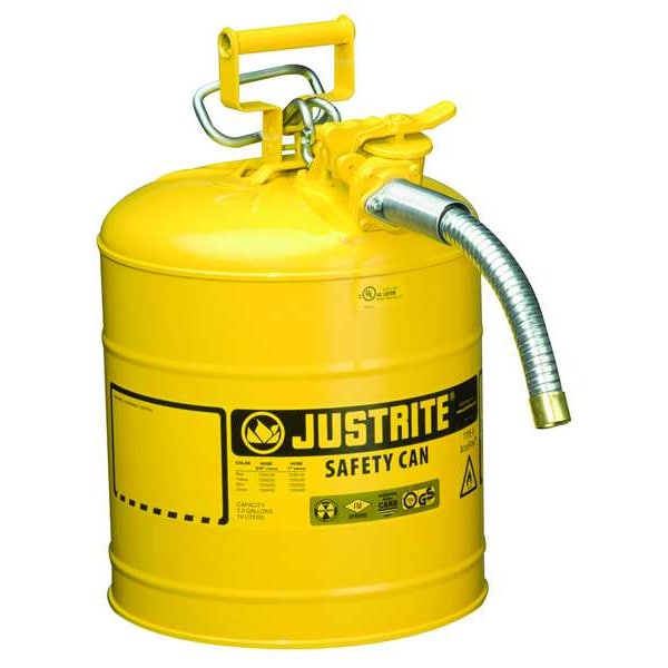 Justrite Type II Safety Can, 5 Gal Capacity, For Use With Diesel, Galvanized Steel, Yellow, Includes Hose - 7250230