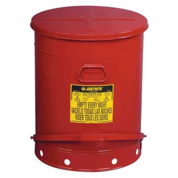 Justrite Oily Waste Can, 21 Gallon Capacity, Galvanized Steel, Red, Foot Operated Self Closing - 09700