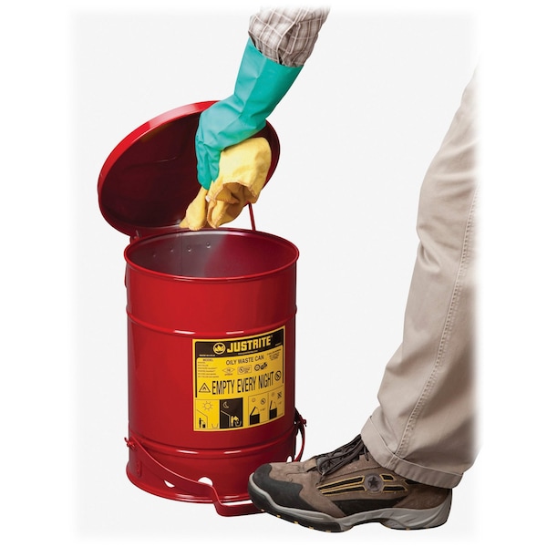 Justrite Oily Waste Can, 21 Gallon Capacity, Galvanized Steel, Red, Foot Operated Self Closing - 09700