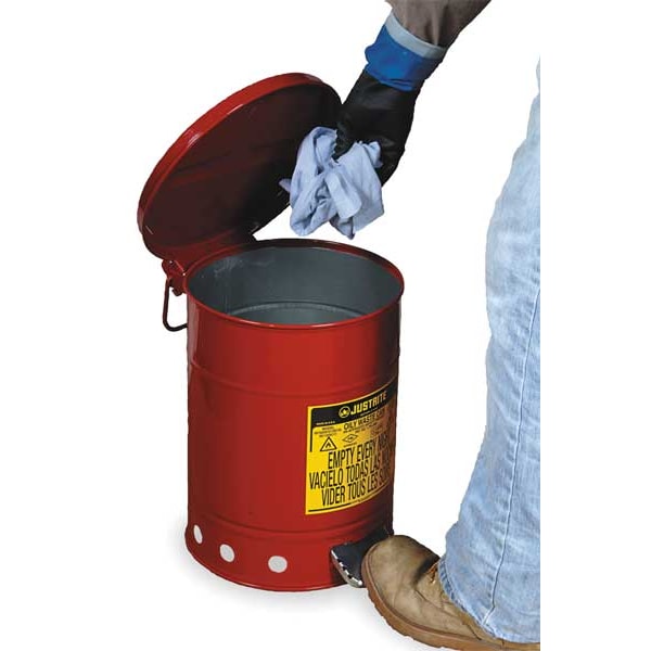 Justrite Oily Waste Can, 21 Gallon Capacity, Galvanized Steel, Red, Foot Operated Self Closing - 09700
