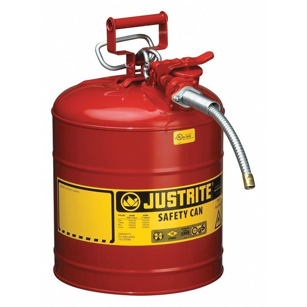 Justrite Type II Safety Can, 5 Gal Capacity, Galvanized Steel, For Flammables, Red, 17 1/2 in Height - 7250120