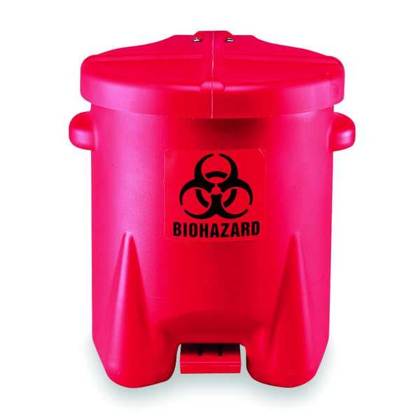 Eagle Mfg Biohazard Step On Waste Can, 6 Gallon Capacity, Polyethylene, Red, 13 1/2 in Width x 16 in Height - 943BIO