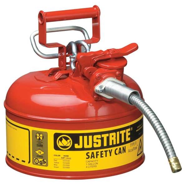 Justrite Safety Can, Steel, 1 gal, Red, 9 1/2 in Dia., Flammables - 7210120