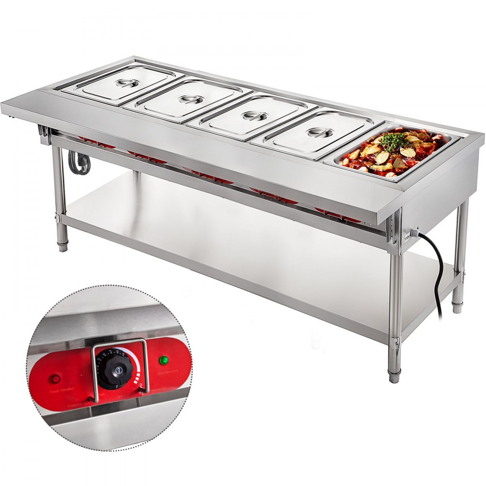 VEVOR Commercial Electric Food Warmer 5 Pot Steam Table Food Warmer 18 Quart/Pan with Lids with 7 Inch Cutting Board Food Grade Stainless Steel Steam Table Serving Counter 220V 3750W for Restaurant - CJRT5G3750W000001V4
