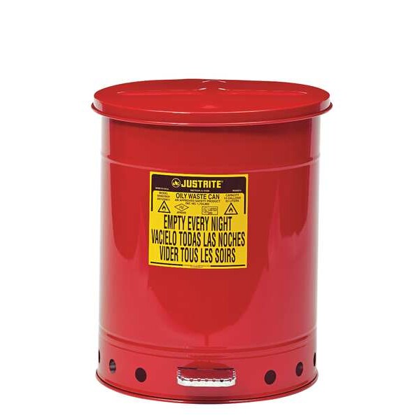 Justrite Oily Waste Can, 14 Gallon Capacity, Galvanized Steel, Red, Foot Operated Self Closing - 09500