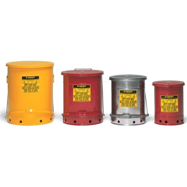 Justrite Oily Waste Can, 14 Gallon Capacity, Galvanized Steel, Red, Foot Operated Self Closing - 09500