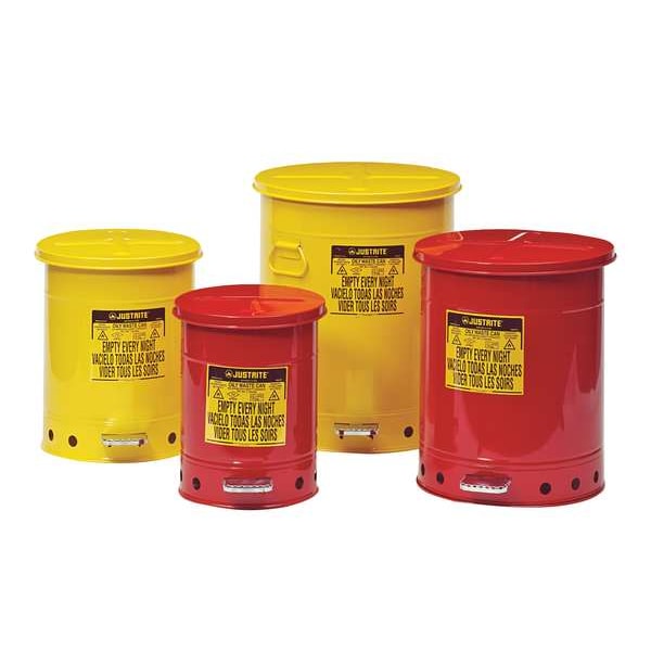 Justrite Oily Waste Can, 14 Gallon Capacity, Galvanized Steel, Red, Foot Operated Self Closing - 09500