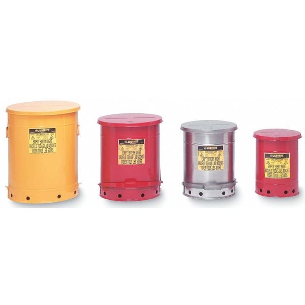 Justrite Oily Waste Can, 14 Gallon Capacity, Galvanized Steel, Red, Foot Operated Self Closing - 09500