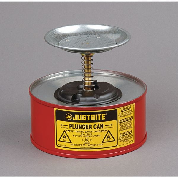 Justrite Plunger Can, 1/2 Gallon Can Capacity, Galvanized Steel, 5 in Dasher Plate Diameter, Red, FM Approved - 10208