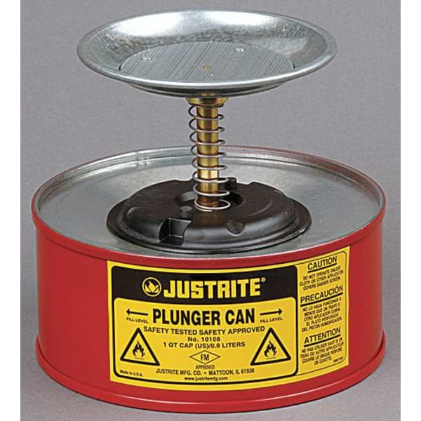 Justrite Plunger Can, 1/2 Gallon Can Capacity, Galvanized Steel, 5 in Dasher Plate Diameter, Red, FM Approved - 10208