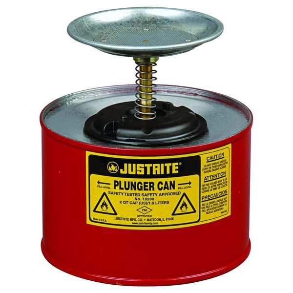 Justrite Plunger Can, 1/2 Gallon Can Capacity, Galvanized Steel, 5 in Dasher Plate Diameter, Red, FM Approved - 10208