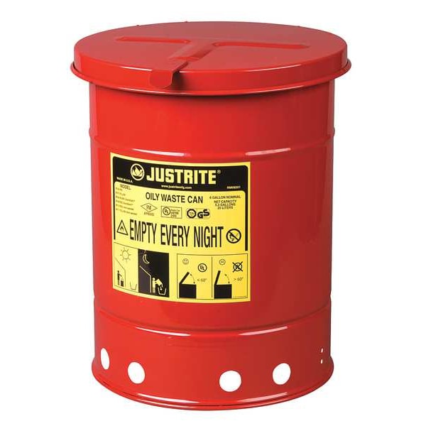 Justrite Oily Waste Can, 6 Gal., Steel, Red - 09110