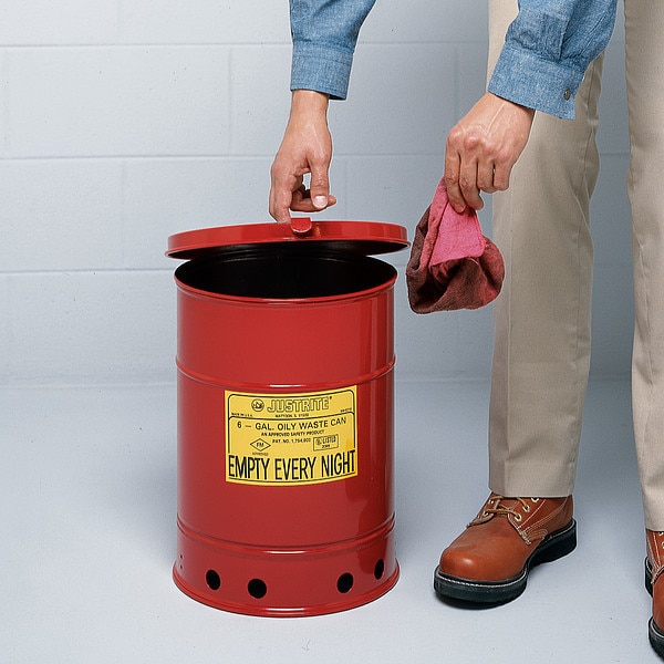 Justrite Oily Waste Can, 6 Gal., Steel, Red - 09110